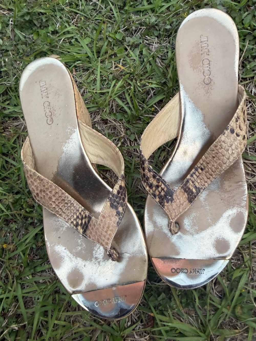 Jimmy Choo Gold Snake-Print Wedge Thong Sandals - Picture 6 of 6